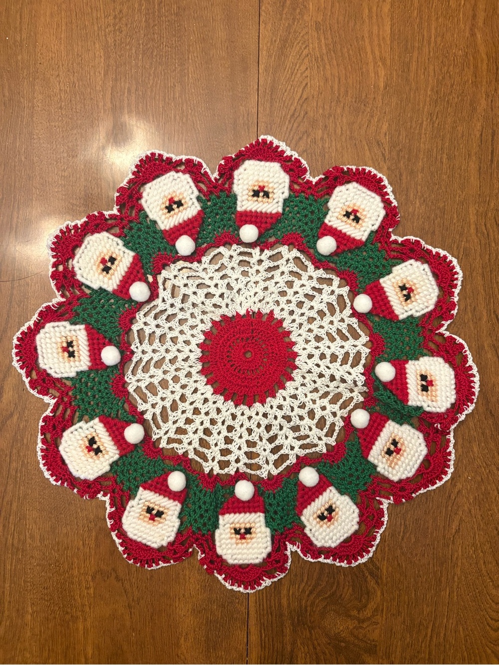 Crocheted Santa Holiday Doily - Red, Green, White vintage